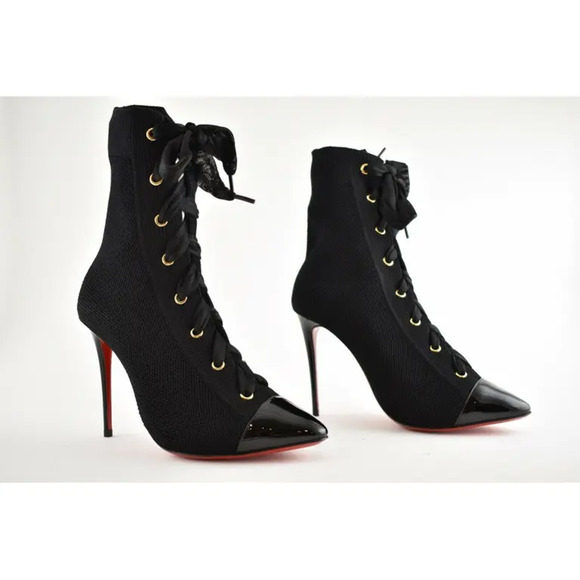 Christian Louboutin Frenchie 100 Black Patent Lace Heel Ankle Boot Bootie 35.5 - Picture 3 of 11